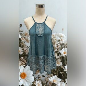 POL Elegant Lace Trim Top - Small - Blue Sage